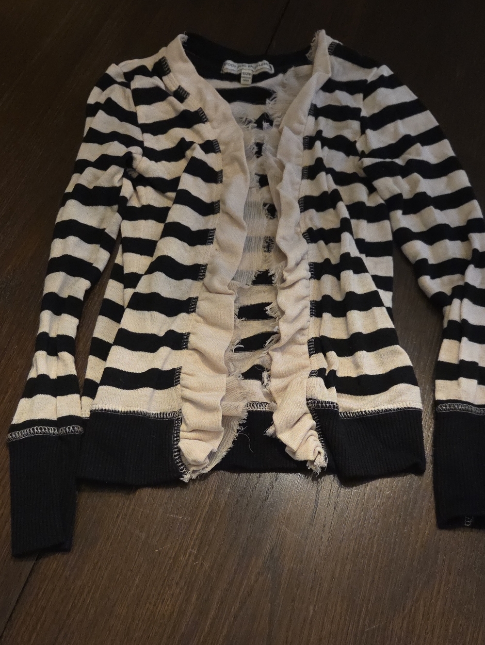 Girls' Striped Ruffle-Front Cardigan - Black and Cream